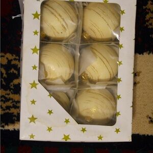 Vintage Christmas White and gold glitter ornaments 6 count in original box